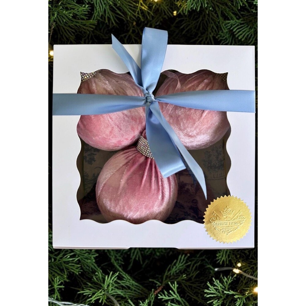 Set of 3 Blush Pink Velvet Christmas Ornaments, Sparkle Trim, Gift Boxed